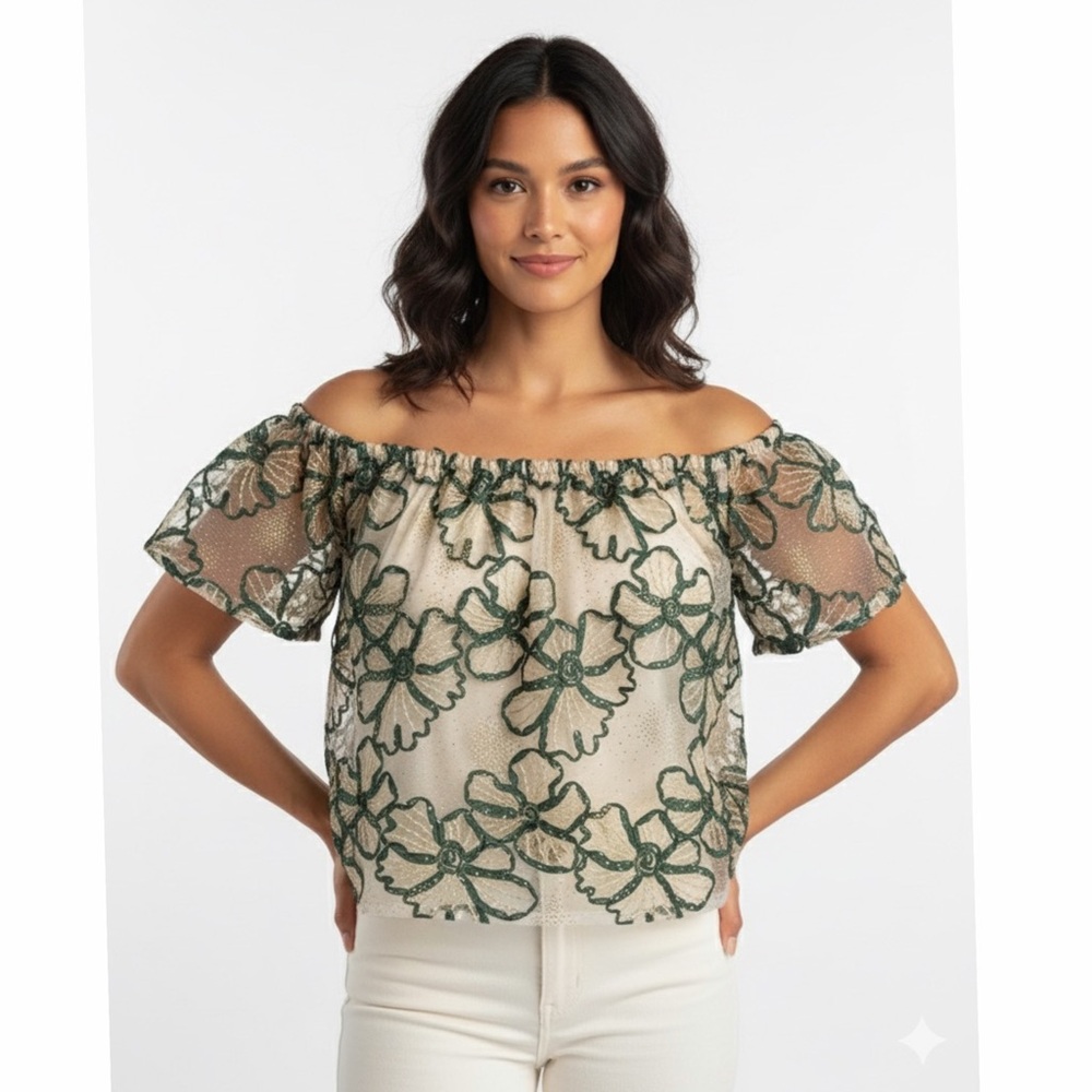 Hesperus Premium Green Floral Lace Overlay Top Women’s Size L Sheer Blouse‎